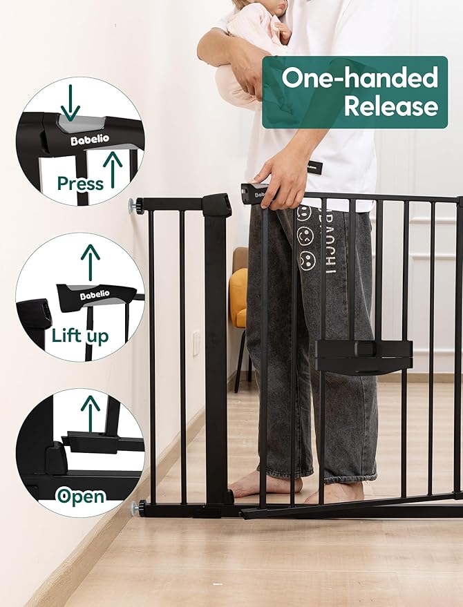 Babelio Baby Gate with Cat Door, CatPrivilege II, 29-40" | Auto Close, 6-Level Adjustable Metal Gate with Pet Door for Stairs & Doorways, Pressure Mounted, No Drilling, Black