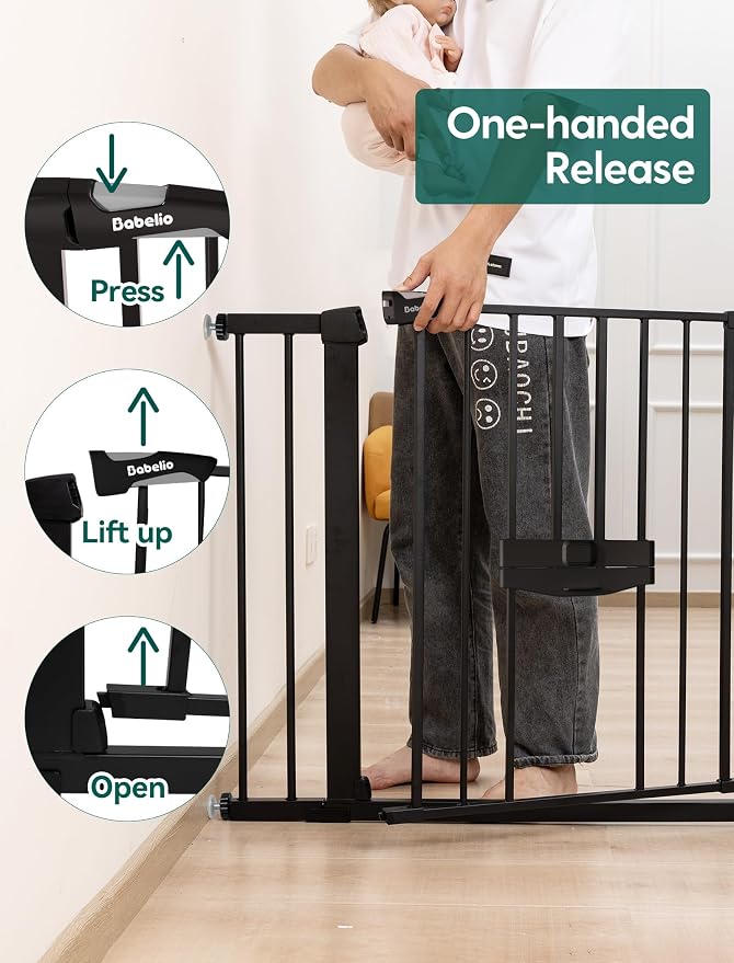 Babelio Extra Wide Baby Gate with Cat Door, CatPrivilege II, 29-48" | Auto-Close Metal Pet Door for Stairs, Doorways & House, Pressure/Hardware Mounted, Easy Walk Thru, Black
