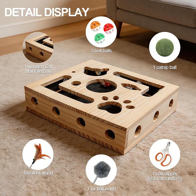 Cat Scratch Puzzle Box for Indoor Cats, Wooden Cat Enrichment Toy | Cat Toys for Indoor Cats Cat Nail File Box with Interactive Cat Toys & Sandpaper Inside