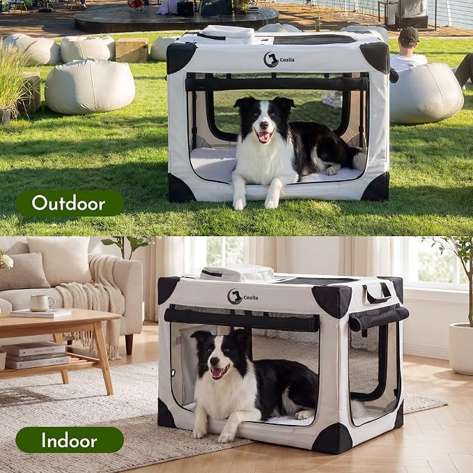 Portable Collapsible Soft Dog Crate for Extra Large Dogs,42in Grey | Oxford Cloth Travel Camping dog kennel with 4 Mesh Windows & 2 Storage Pockets,for Indoor & Outdoor Use