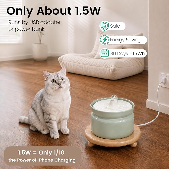 Ceramic Cat Water Fountain, 1L/32oz Automatic Pet Drinking Fountain with Quiet Pump & Triple Filtration, Durable BPA-Free Ceramic, Easy to Clean, Dishwasher Safe for Cats & Small Dogs