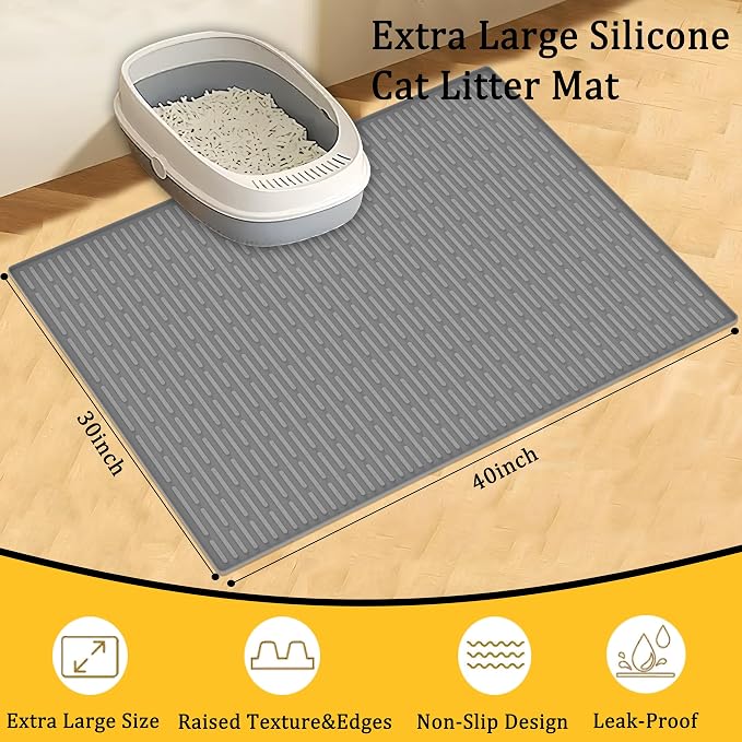 40"x30"(100cmx75cm) Extra Large Silicone Cat Litter Mat, XXL Litter Trapping Mat for Under Litter Box, Non-Slip Waterproof Kitty Litter Catcher, Easy to Clean Mat for Cats, Gray Green