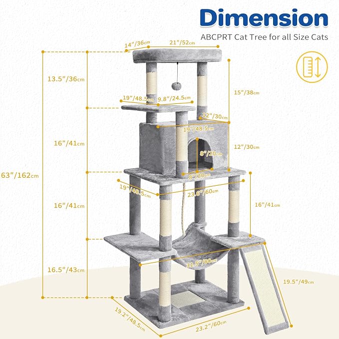ABCPET 63" Multi-Level Cat Tree Tower for Indoor Cats, Light Grey | 63" multi-level cat tower with sisal scratch posts, cat condo, hammock, dangling toy & wide perch for indoor cat rest & play