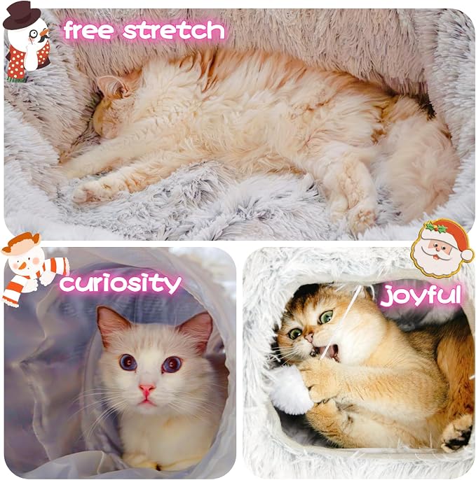 XxingSheep Extra Large Cat Tunnel Bed for Indoor Cats Peekaboo Cat Cave Donut with Center Mat