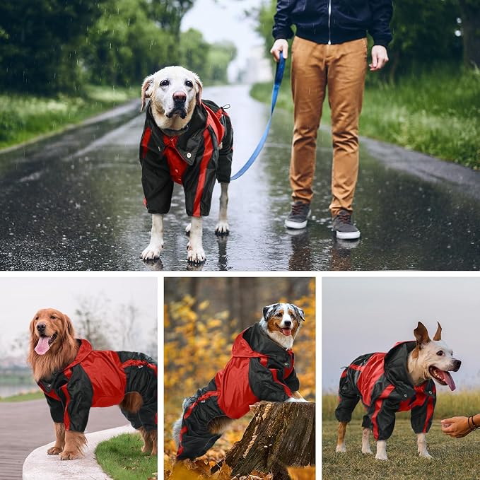 Dog Raincoat, 4 Leg Waterproof Dog Rain Jacket with Hood, Red M | Rain Coat For Small Dogs, Doggy Poncho With Leash Hole, Snap Buttons, For Rainy Snowy Weather Walks, Hiking, Camping