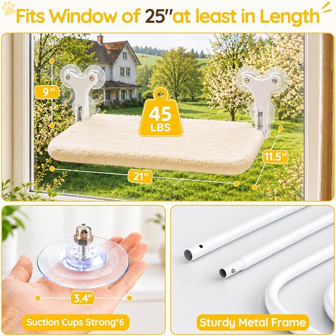 Aysoner Suction Cat Window Perch: 6 Suction Cups Sturdy Hold Up to 45lbs | 1-Second Stick on Glass & No-Drill - Heavy Duty Indoor Hammock Seat for Chunky Cats Safety to Sunbathe & View