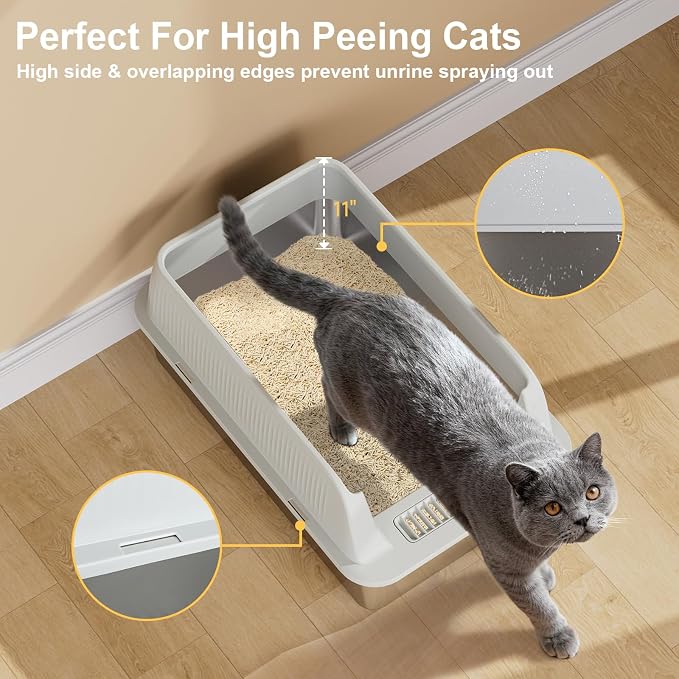 TENTIZON Stainless Steel Cat Litter Box, XL Large Metal Kitty Litterbox with High Side Lids, Litter Mat, Scooper for Big Cats, Kittens, No Odor, No Mess, Leak Proof, Easy Clean, Non Stick