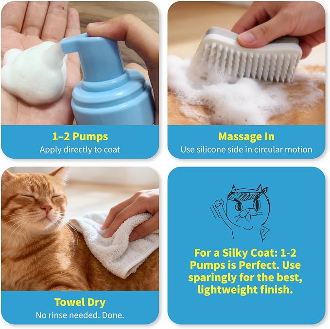 Mooncat Waterless Cat Shampoo + 2-in-1 Cat Bath Brush Set, No Rinse Dry Foam Bath for Short Hair Cats & Kittens, SGS-Tested Lick-Safe, Veterinarian Approved & pH-Balanced, Brush, 5 oz | Waterless shampoo spray, Deodorizes & removes dander, Dual-sided s...