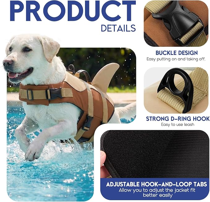 ASENKU Dog Life Jacket - Pet Safety Vest for Swimming & Boating, Shark Life Jacket with Floatation, Dog Lifesavers Swimsuits for Small Medium Large Dogs (Brown, M)