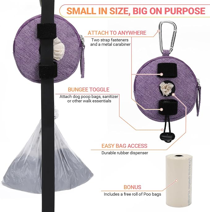 Dog Poop Bag Holder for Leashes- Dog Treat Pouch with Waterproof Zipper,Puppy Training Small Bag with Carabiner & Bungee Toggle,Two Pockets for Dry or Wet Treats-Pet Travel Walking Essentials (Purple)