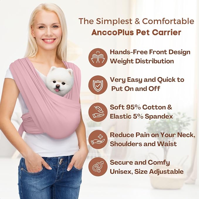 AnccoPlus Dog Carriers for Small Dogs, Front Facing Dog Sling Carrier, Hands Free Cat Carrier, Size Adjustable, Reducing Back Pain, Premium Cotton, Safe and Soft Dog Carrier (Regular, Light Pink) | Patented Front Carrier Reduces Back and Neck Strain; A...
