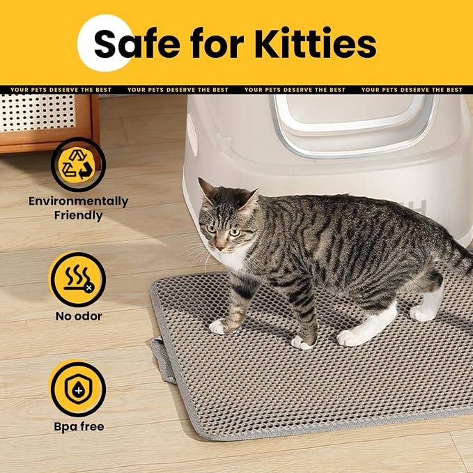 Cat Litter Mat, Upgrade Super Waterproof Back Layer Litter Box Mat, Non Slip, Durable, Soft on Paws Kitty Trapping Matt (34"x26", Gray)