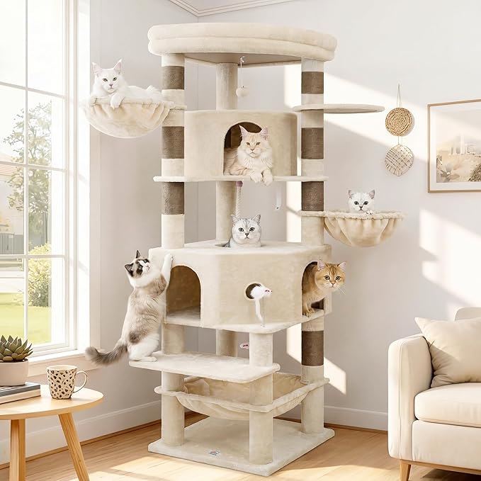 Cat Tree, 81.1" Skyward Corner Cat Tower for Large Cats VCT031MJ | Space-Smart Cat Furniture with Diamond Hideout, Grand Platform, Firm Base, 3 Soft Hammock & Pet Relax Station, Beige