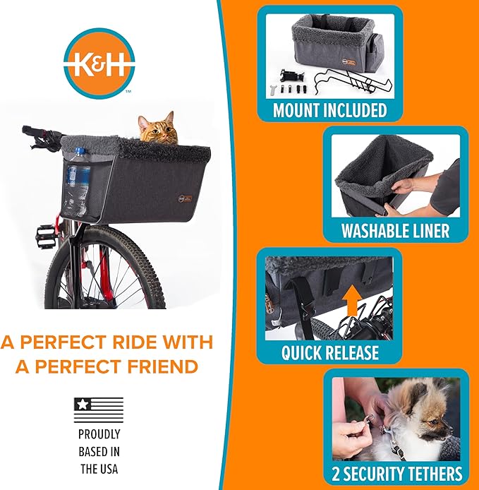 K&H Dog Bike Basket, Travel Bicycle Basket for Pets, Front Mount, 16x12x10 | Cat & Small Dog Carrier for Bike, Bicycle Basket with Safety Leash, Soft Fleece Washable Liner, Heavy Duty Metal Frame