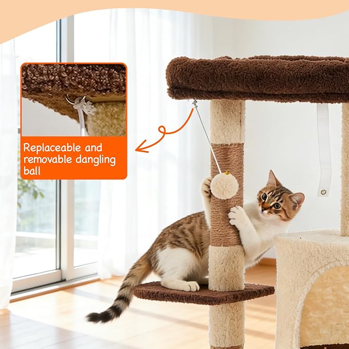 45.3-Inch Cat Tree Tower for Indoor Cats, Brown | Two cozy cat condos; three soft platforms; full sisal scratching wrap; removable dangling toy; reinforced anti-tip base