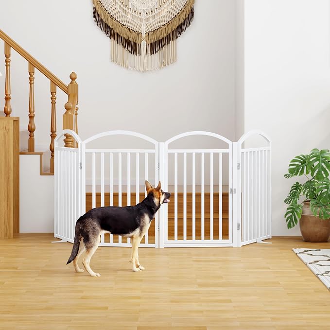 Foldable Pet Fence 96" Wide, 32" Tall,No-Assembly Dog Gate with Door,White | 4 Panels Metal Folding Freestanding Dog Gate Walk Through,Extra Accordion Puppy Folding Playpen for Doorways, Stairs,House
