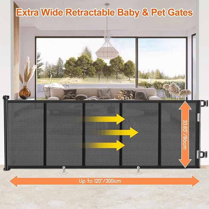 EZIGO 120 Inch Retractable Baby Gates Extra Wide Reinforced Baby Dog Gate | 34 Inch Tall Retractable Dog Gate with Reinforced Strip Mesh Safety Pet Gate for Stairs Hallway Doorway Indoor Outdoor, Black