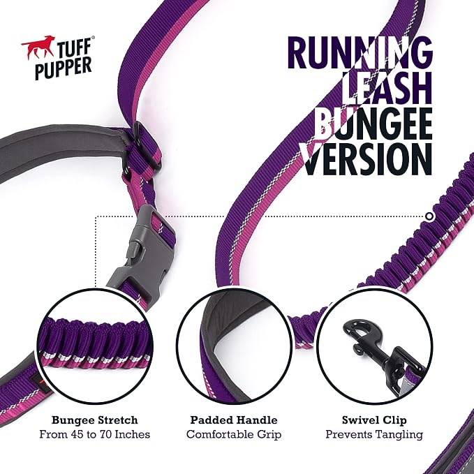 Tuff Pupper Hands Free Bungee Dog Leash | Lightweight for Running Jogging Walking | Adjustable Padded Waist Belt (24-50 inch) | Bungee Stretch 3 to 6 Feet | Strong Ballistic Nylon w/Reflective Strips