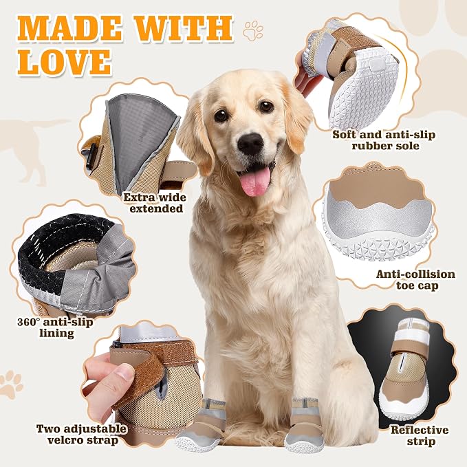 DcOaGt Dog Shoes for Hot Pavement Mesh Dog Boots Dog Booties for Snow 4PCS | Breathable with Reflective Strips 360°Anti-Slip Rubber Soles for Summer Winter Hiking Hardwood Floors to Prevent Licking