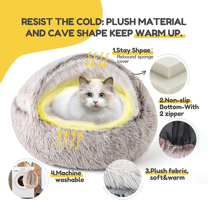 CATISM Cat Bed, Cat Beds for Indoor Cats Covered Hooded | Warm Soft Plush Comfortable Removable Washable Non-Slip Bottom