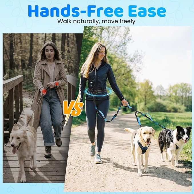 Hands Free Leash for 2 Large Dogs, No Tangle Waist Walking Bungee Leash, 6-8 FT Double Dog Leashes(50-150 lbs)