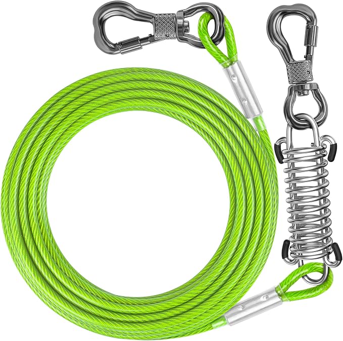 25FT Dog Tie Out Cable Lead with Shock Spring for Medium Large Dogs | Shock-Absorbing; 500LBS Tensile Strength; Strong Stainless Steel Core; 360° Swivel Locking Hook; Anti-Rust Vinyl Coating