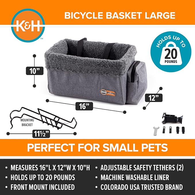 K&H Dog Bike Basket, Travel Bicycle Basket for Pets, Front Mount, 16x12x10 | Cat & Small Dog Carrier for Bike, Bicycle Basket with Safety Leash, Soft Fleece Washable Liner, Heavy Duty Metal Frame