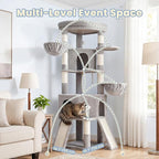 Cat Tree, 73-Inch Sturdy Corner Cat Tower for Large Cat VCT021W | Cat Furniture with Wide Top Perch, 2 Spacious Condos, 2 Cozy Baskets, 2 Scratching Boards & Interactive Toy, Light Gray