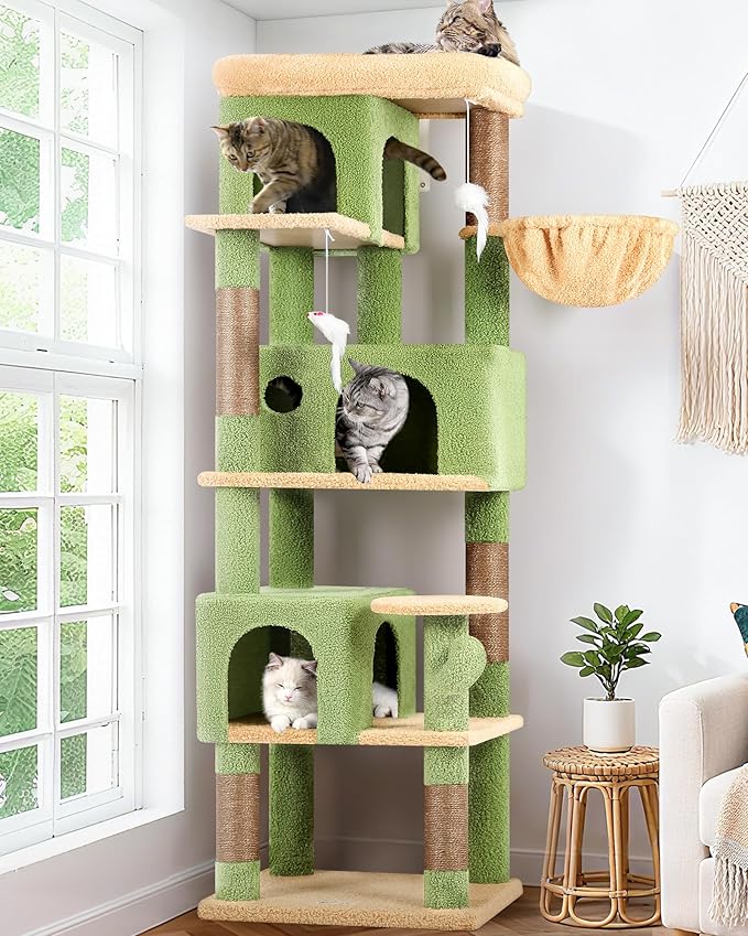 Globlazer F66 Cactus Corner Cat Tree, 66in Multi-Level Climbing Tower | Kitty Condos Cat Scratching Tower for Indoor Multiple Cats with Large Platform, 3 Cat Caves, Hanging Basket