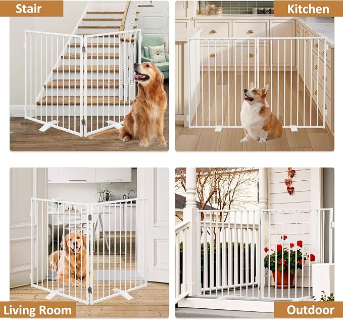 Full Metal Freestanding Dog Gates 2 Panels 32" Tall Up to 48" Wide | White Dog Gate for Indoor & Outdoor, Extra Wide Free Standing Dog Barrier No Drilling Pet Gates for Doorways, Stairs, Deck