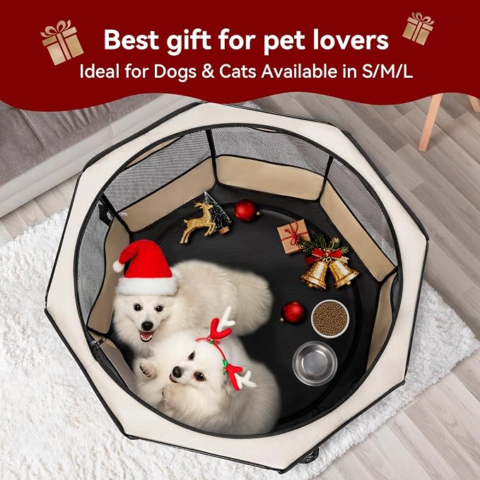 PETSFIT Portable Dog Playpen 45", Removable Waterproof Mat, Zippered Roof | Jump-proof, Collapsible Storage, RV Camping Travel, Indoor Outdoor Use, Large Dogs and Cats, 45.5"L x 45.5"W x 28.5"H