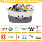 Leitee 15.2" X 10" X 8" 100 Pcs Cat Bed Storage Basket Gift Cat Variety Toys Set Cotton Rope Basket, Fish Mice Pet Bell Colorful Crinkle Balls Spring Toy for Kitten Swat Interactive (Basic,Grey,White)