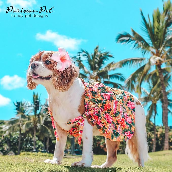 Parisian Pet Hawaiian Dog Dress - 100% Cotton Summer Clothes for Small Dogs Girl - Pet Dress with Pull-Up Straps - Floral Beach Dog Outfit - Lightweight Puppy Clothes - Stylish Dresses for Dogs