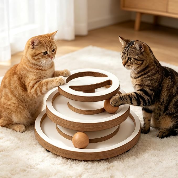 Lulu's world Cat Ball Track Toy with Puzzle Top,Heavy Wooden Kitty Toys | Interactive spinning balls,no installation required,mental physical exercise,not collapse,for indoor,play home enrichment