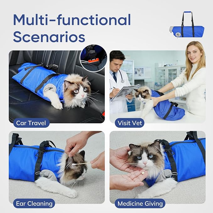 Cat Carrier Pouch, Soft Cat Grooming Restraint Bag for Vet Visits, Nail Trimming,Dental Care & Medication, Comfortable Cats Carry Bag with Bottom Support for Car Travel,Blue S(4-10lbs)