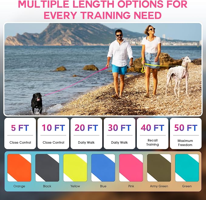 Wolfone Waterproof Dog Leash 40FT Long Line Recall Training Lead | Outdoor Dog Leash: Waterproof PVC coated training rope with easy clean design, great for recall swimming and adventures