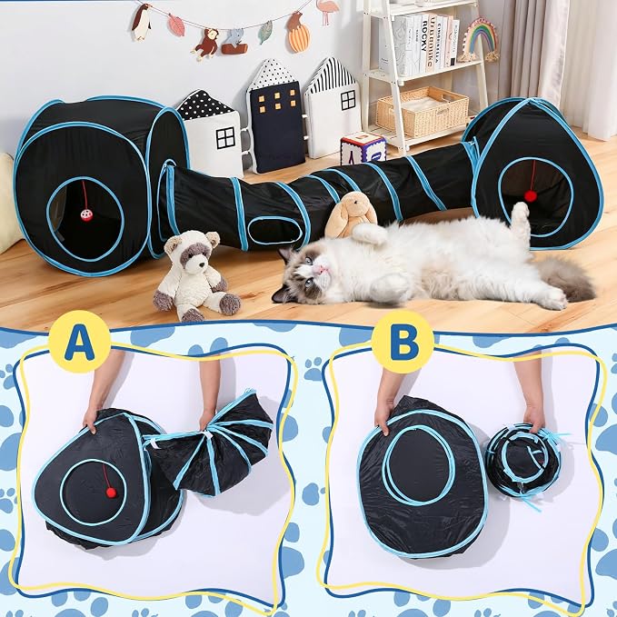 Pet Cat Tunnel, Tunnel Tent Set Tunnels for Indoor Cats, Collapsible Pet Tunnel for Kitten, Puppy, Rabbit, 25cm-Wide Tunnels, Durable & Breathable, with Peek Hole Toy Ball