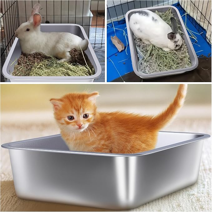 Stainless Steel Litter Box for Kitten, Small Litter Box 2 Pack | 15.7"×11.8"×4",Easy Entry, Non Odor, Easy to Clean, Metal Litterbox for Cat, Rabbit