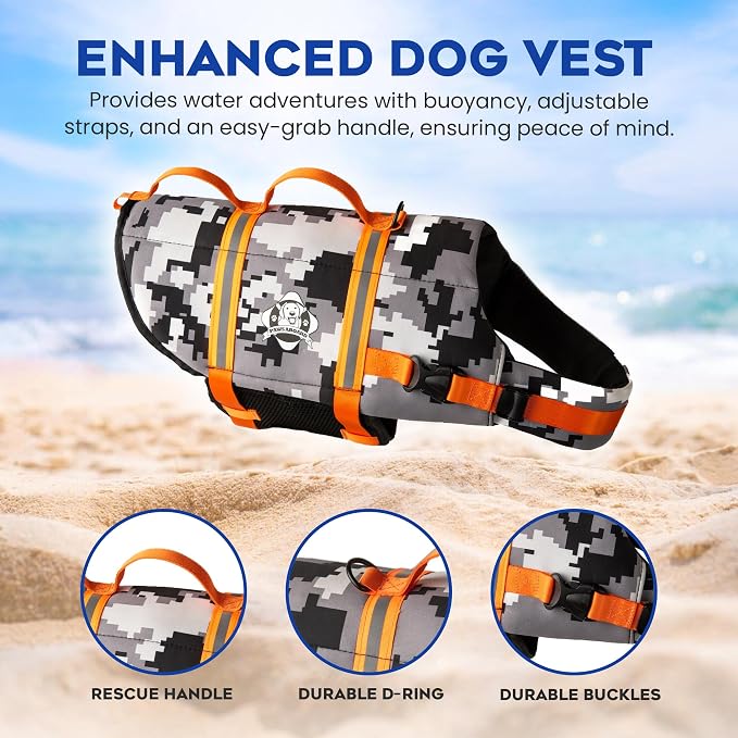 Dog Life Jacket — Premium Swim Vest with SafeChin Anti-Choke Collar | PAWS Aboard Grey Camo | RapidLift Rescue Handle, D-Ring, Reflective Trim | Boating, Kayaking, Pool | Large (50–80 lbs)