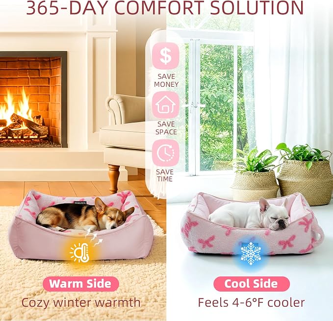 Mora Pets Reversible Pet Beds for Small Dogs Large Cat Bed Washable - Cool & Warm 2-in-1 Anti Anxiety Dog Bed for Summer, Rectangle Puppy Bed with Cute Pink Bow (25''x21''x7'')