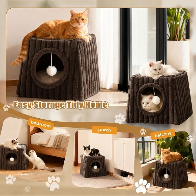 Dogpals Indoor Cat House - Large Cat Cave Bed with Fluffy Balls, Foldable Cat Bed Cave and Apartment with Pads, Suitable for Multiple Small and Large Cats, 18.5x15.4x15.4inches (Coffee, XL)