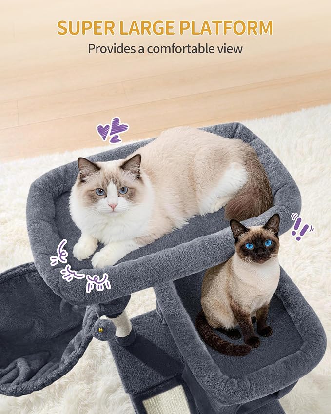 Hzuaneri Big Cat Tree, 75 Inch Tall Multi-Level Cat Tower, Indoor Larger Cat Condo Furniture with 5 Scratching Post, 2 Hanging Basket, 2 Condo, 2 Large Platform, Pet Play House, Dark Grey MS19018SG | Cat Condo Furniture with 5 Scratching Post, 2 Hangin...