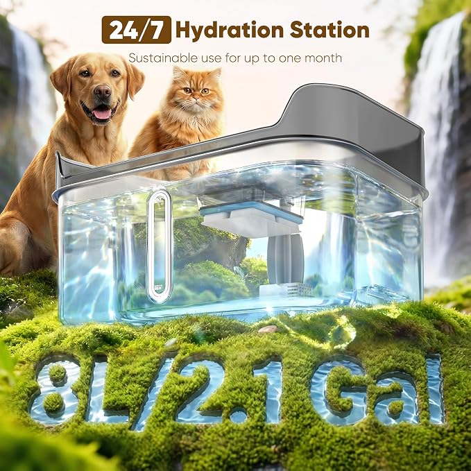 Large Stainless Steel Dog Water Fountain no Spill, 2.1Gal/8L with 8 Filters | Automatic Dog Water Bowl Dispenser, Super Quiet Cat Fountain, Dog Bowl to Drinkg Inside, Gifts for Pets