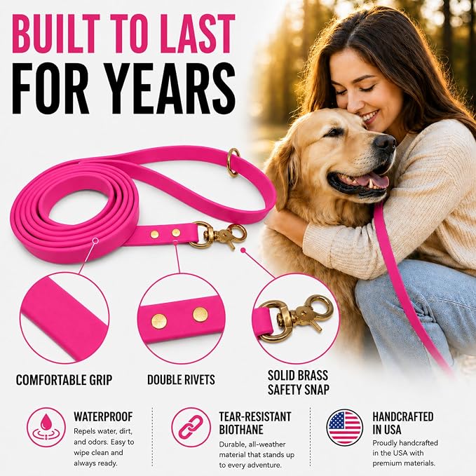 Gummy K9 Dog Leash, Biothane, Dog Training Leash, Made in The USA, 6 Feet, Various Sizes & Colors (3/4, Pink)