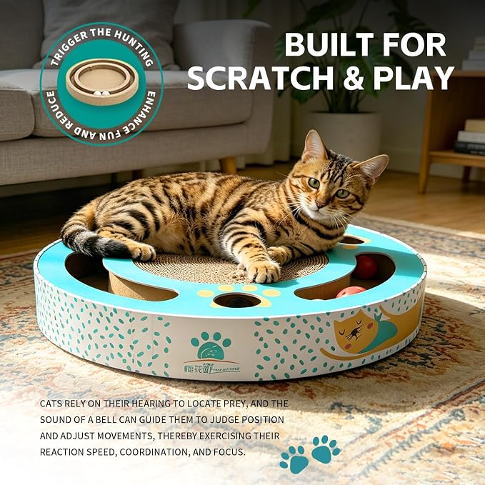 Round cat Scratching pad Modern Cats Scratcher Cardboard Interactive Toys for Indoor Cats with 2 Bell Balls and Kitten Tunnel