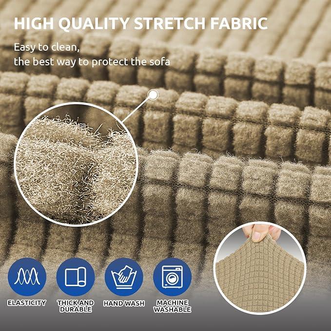 Stretch Couch Covers for Sofa, 3 Cushion Couch Slipcover,Tan | 1-Piece Washable Sofa Cover Pet Friendly(78"-94") Furniture Protector Soft Jacquard, Elastic Bottom for Dogs & Kids