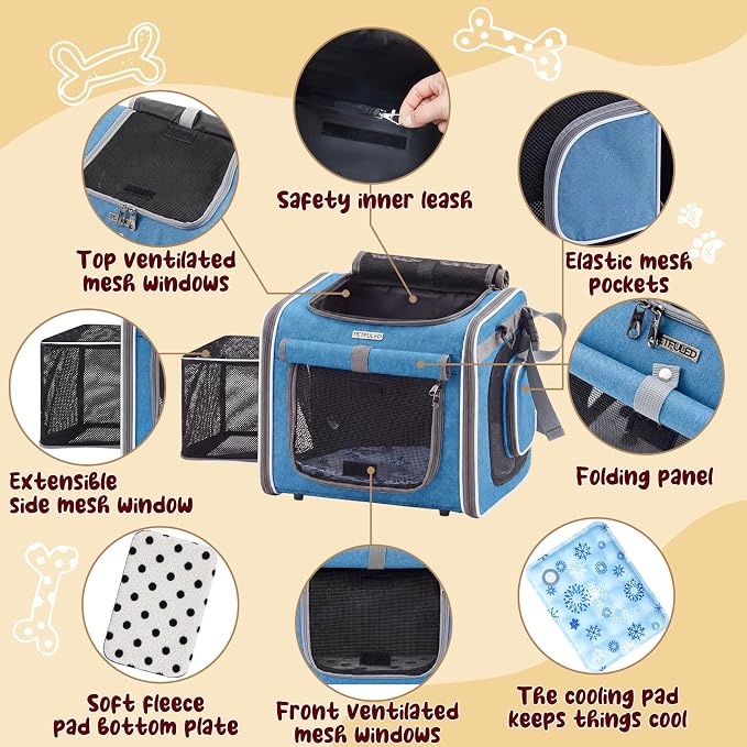DaisyInner Dog Basket for Bike, Expandable Pet Carrier with Cooling Mat for Bicycle Handlebar, 2 Mesh Doors, Reflective Strips, Soft-Sided Travel Bag for Small & Medium Pet up to 8 kg(Blue)
