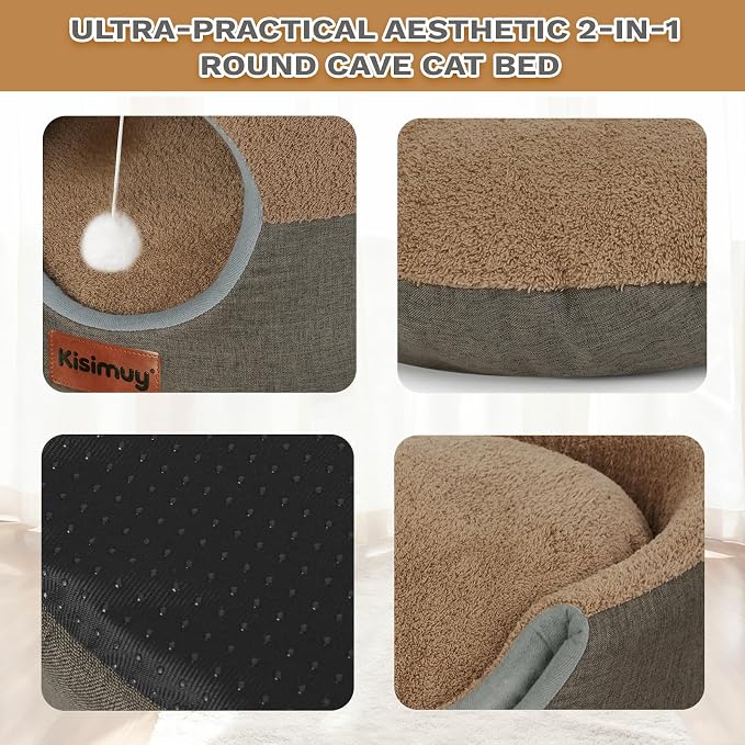 Cozy Cat Bed Cave for Indoor Cats,with Reversible Plush Cushion | 19.7"D x 15"H, 2-in-1 Convertible Kitten Bed, Hanging Cat Toys, Linen Fabric, Non-Slip, Large Cat Couch, Brown