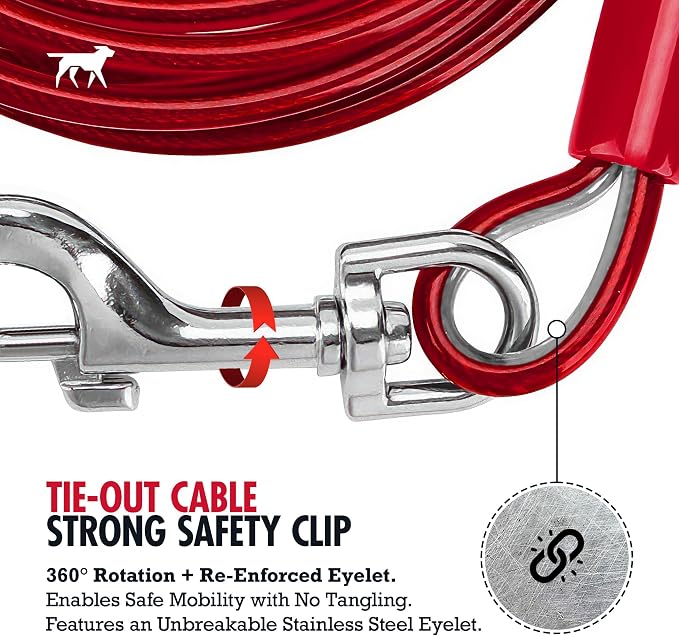 Tuff Pupper Dog Tie Out Cable, 100 ft Heavy Duty Lead for up to 125 lb Dogs | Extra-Strong Coated Steel Wire for Large Dogs; Water/Rust Resistant Yard Runner Line with 360-Degree No-Tangle Swivel Clips