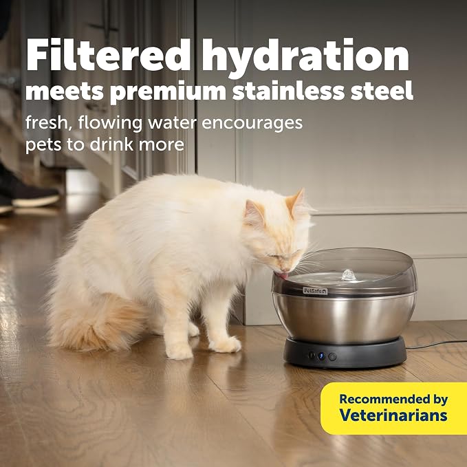 PetSafe HydroSphere 60 oz Stainless Steel Pet Fountain - Filtered Water Fountain for Cats and Small Dogs - Dishwasher Safe - Quiet, Wire-Free Pump - Easy to Clean